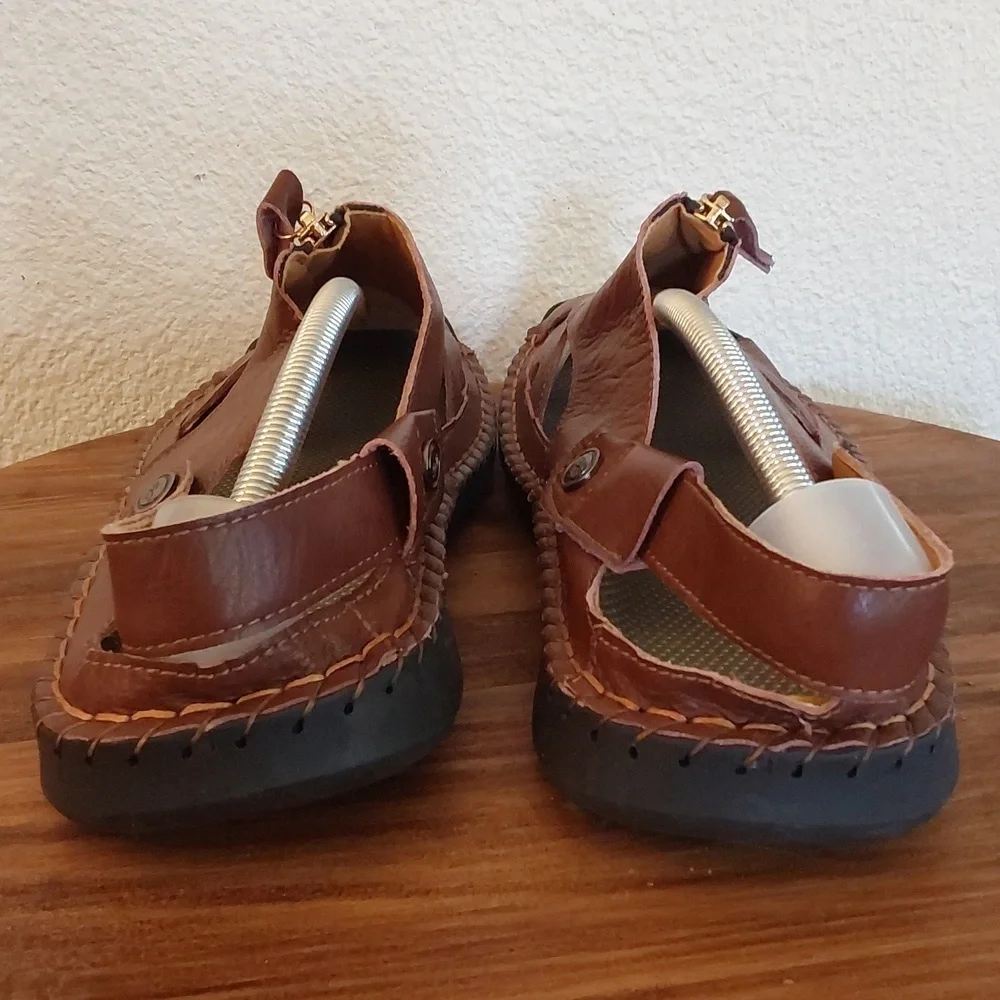 Men's Brown Leather Fisherman Sandal Shoes Adjustable Easy On /Off Sz.13